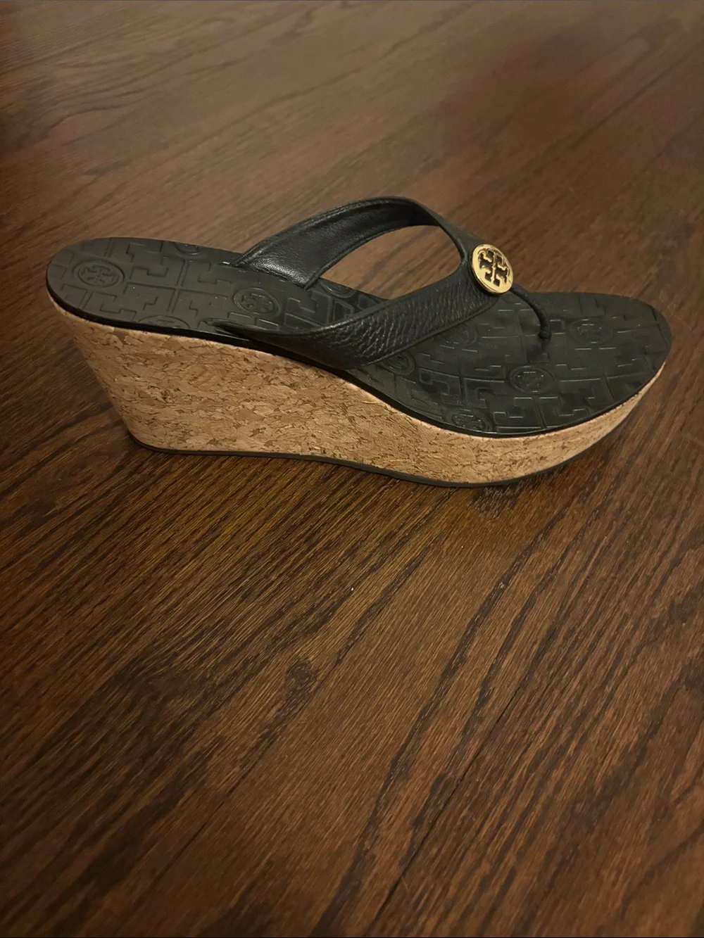 Tory Burch Black Wedge Thong Sandals with Gold Logo